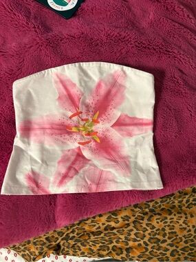 White Strapless Floral Crop Top with Pink Lily Print